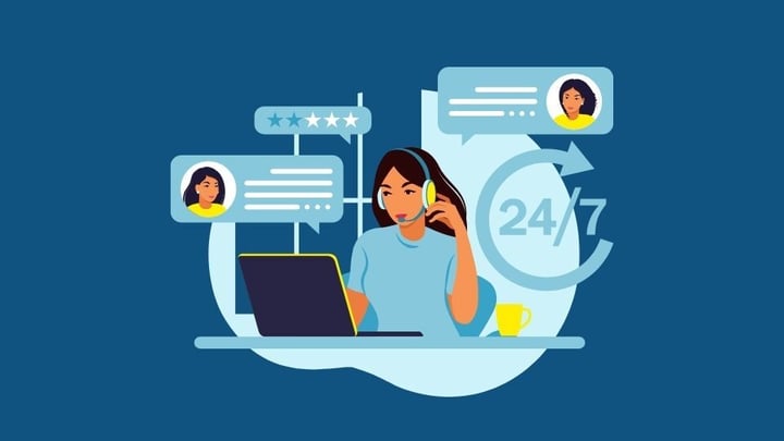 Illustration of a woman wearing a headset, sitting at a desk with a laptop and coffee cup, surrounded by chat bubbles, star ratings, and a 24/7 symbol, highlighting customer service mistakes to avoid in support roles.
