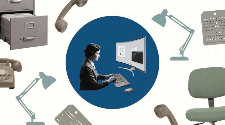 Abstract illustration of a person running operations on a computer, representing BPO services, workflows, and managed execution