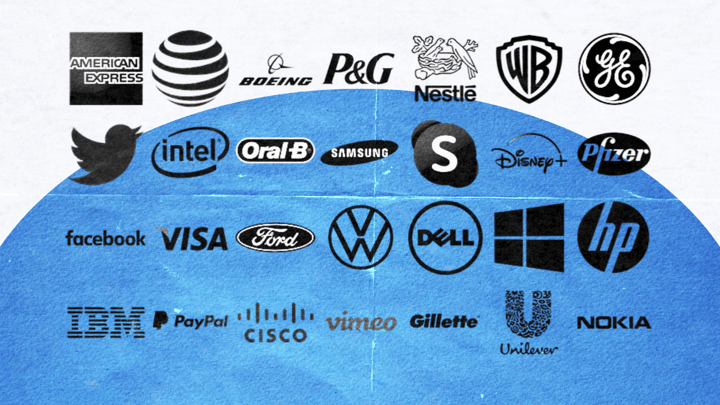 A collection of well-known blue logos, including American Express, Boeing, P&G, Nestlé, Warner Bros, GE, Intel, Facebook, Visa, PayPal, IBM, HP, Dell and more—all arranged on a blue and white background.