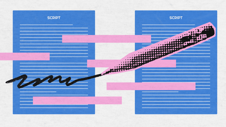 An artistic illustration of two blue call scripts with pink highlighted text bars and a bold, stylized marker making handwritten edits. The image symbolizes script personalization, editing, and emphasis in call center or customer service contexts.