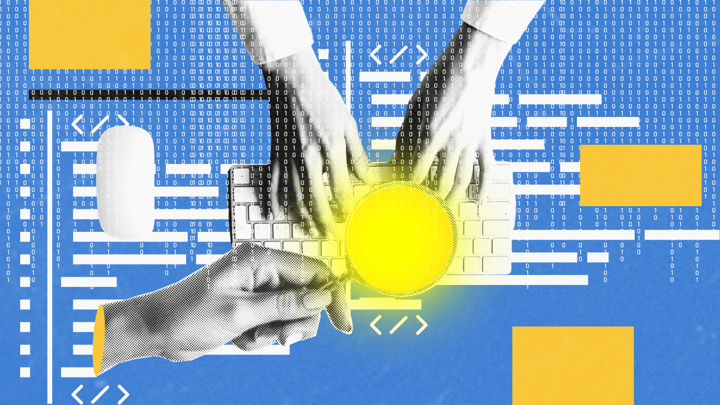 Stylized digital collage showing hands typing on a keyboard with binary code overlay, a magnifying glass highlighting a bright yellow circle, and design elements like a computer mouse and abstract rectangles, representing coding, search, and data analysis.