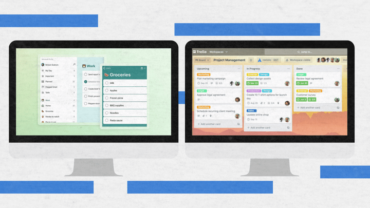 Two computer monitors display productivity apps. The left screen shows a grocery list in a task management app, while the right features Trello—one of the best free apps for productivity—with task columns and team avatars at the top.