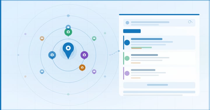 Illustration of how distance and location context influence local search visibility, with map pins and search results shown side by side. Visual supports how local seo services account for proximity effects in Google’s local pack results.