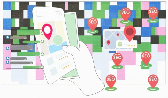 Local SEO services illustration showing a mobile map search with multiple location pins, reviews, and listings for local rankings