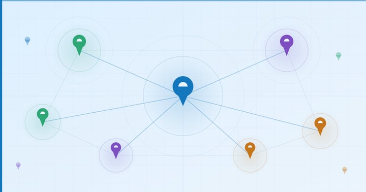 Local SEO network map showing a central location pin connected to multiple location pins, representing multi-location search visibility