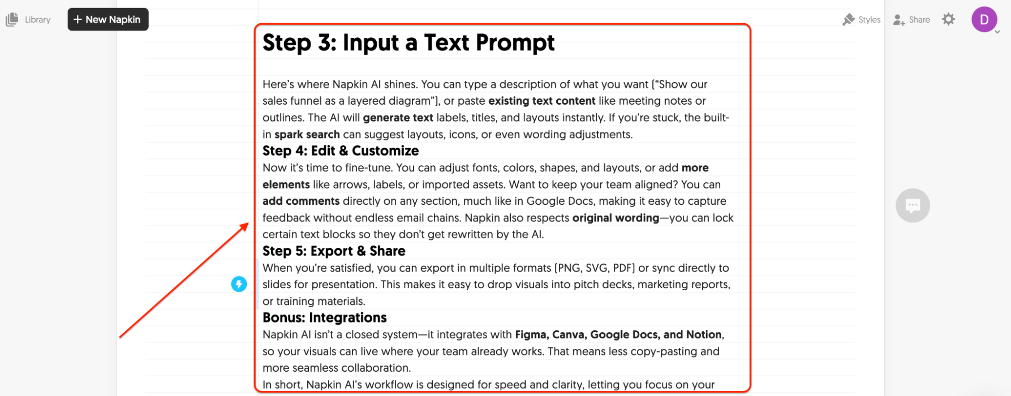 Screenshot of a text editor showing instructions for Step 3: Input a Text Prompt with tips for entering and customizing prompts, exporting results, and integrating with Figma, Canva, Google Docs, and Notion.