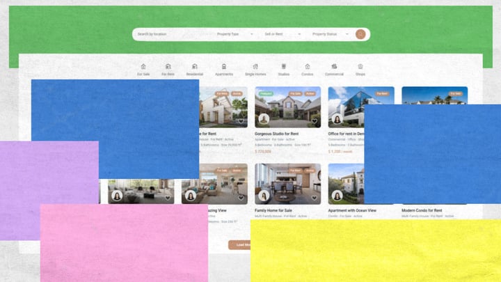Property listings platform interface displaying searchable real estate categories, property cards, and filter options for rentals and homes for sale.