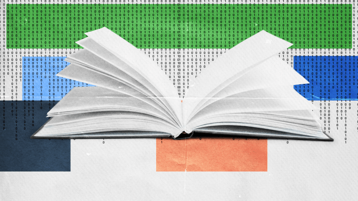An open book with fanned pages is centered over a background of colorful blocks and vertical binary code, blending elements of literature and digital technology.