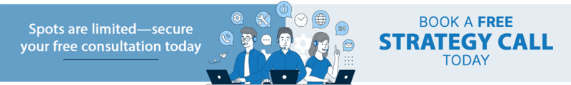 Banner with illustrated people working on laptops, surrounded by business icons. Text reads: “Spots are limited—secure your free consultation today. Book a FREE STRATEGY CALL TODAY.”.