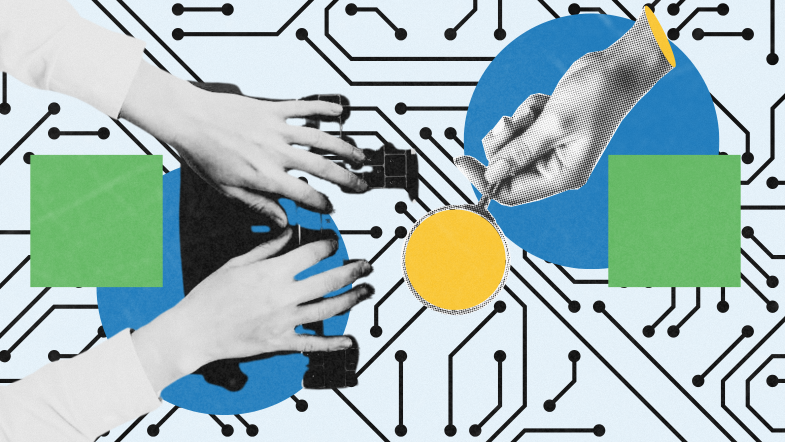 Abstract illustration featuring human and robotic hands interacting over a circuit board background, symbolizing AI and human collaboration. The composition includes geometric shapes like blue circles, green squares, and a yellow dot, highlighting themes of technology and connection.