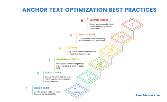 A LeadAdvisors infographic outlining six anchor text optimization best practices, including tips like keeping it short, matching content, avoiding generic words, and optimizing image alt text.