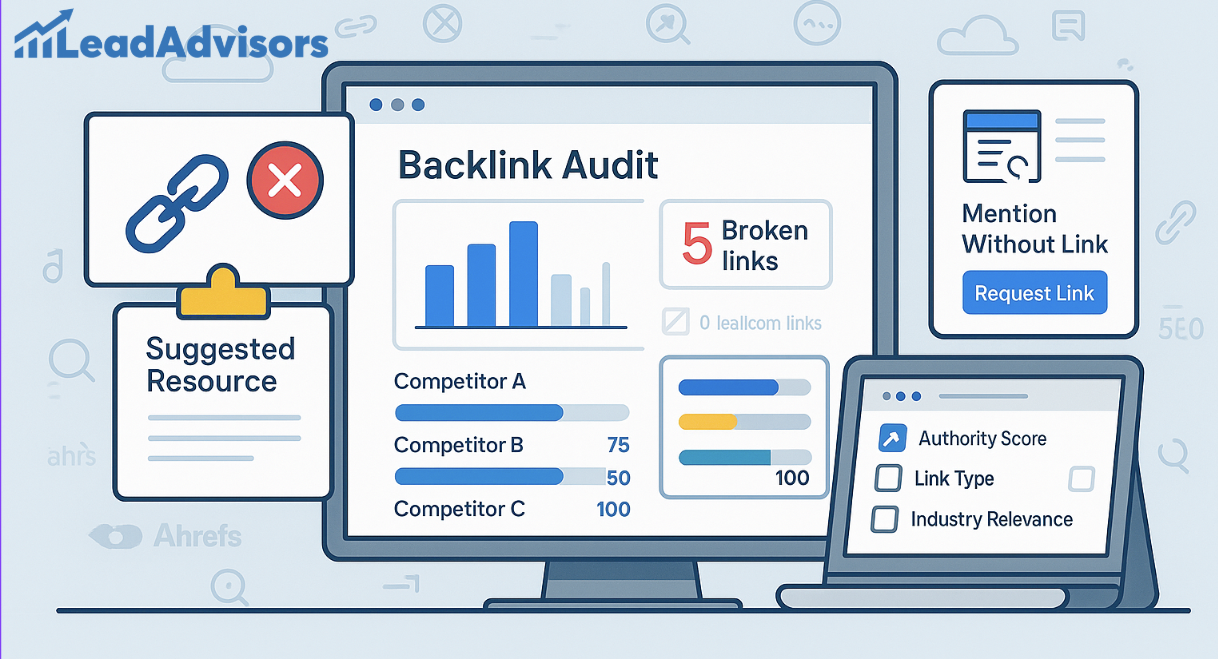 Illustration by LeadAdvisors showcasing a backlink audit interface with charts comparing competitors, broken link alerts, and link request tools. Elements include a “Suggested Resource” box, a “Mention Without Link” button, and filters like authority score and industry relevance, emphasizing backlink optimization strategies.