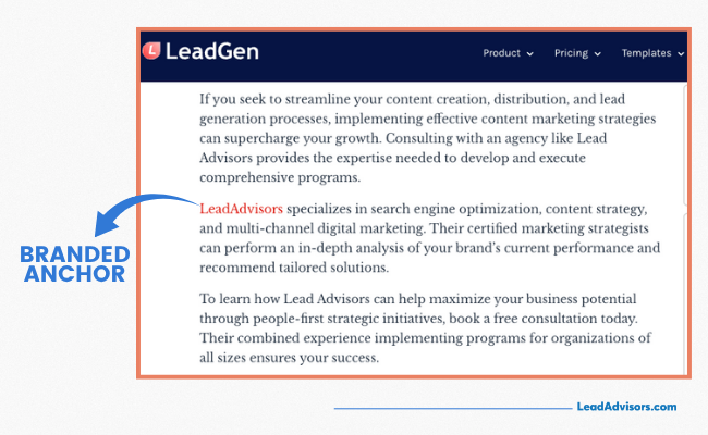 An example of branded anchor text in a LeadGen content marketing interface, with the brand name “LeadAdvisors” highlighted and labeled as a strategic anchor for SEO.