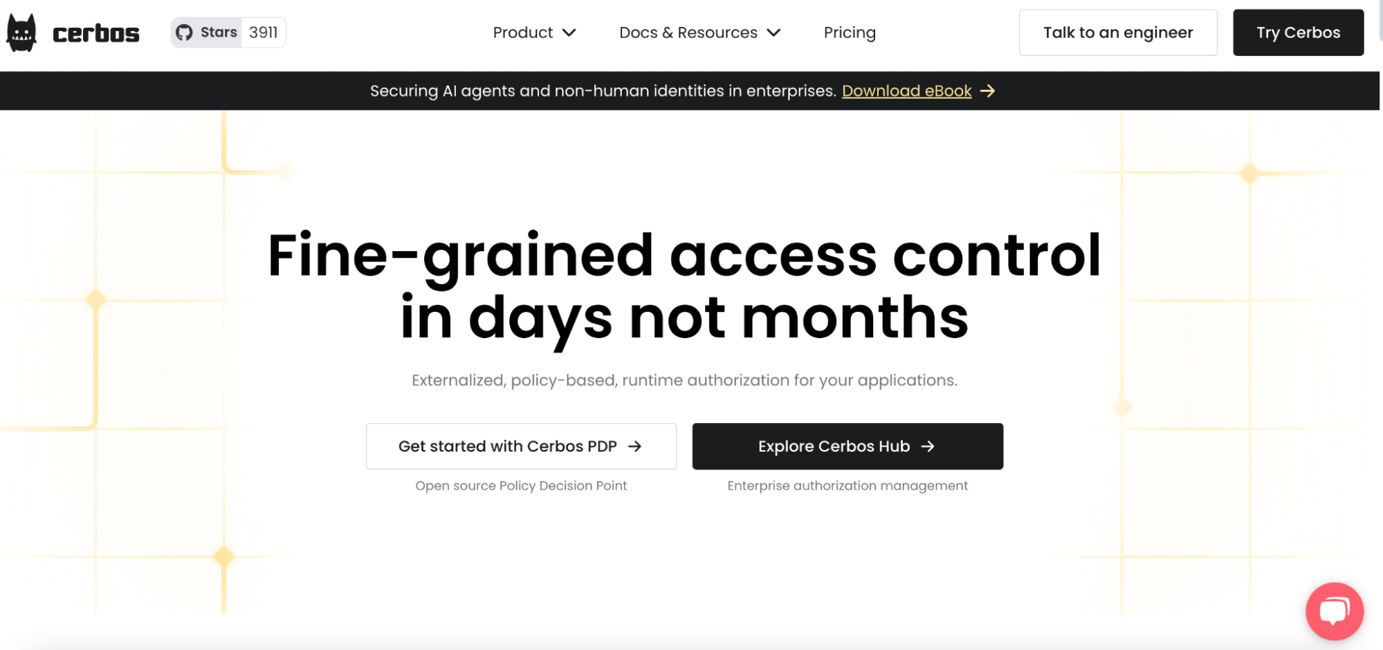 Screenshot of Cerbos homepage promoting fine-grained, policy-based access control for enterprise applications with quick setup, featuring options to explore Cerbos PDP and Hub