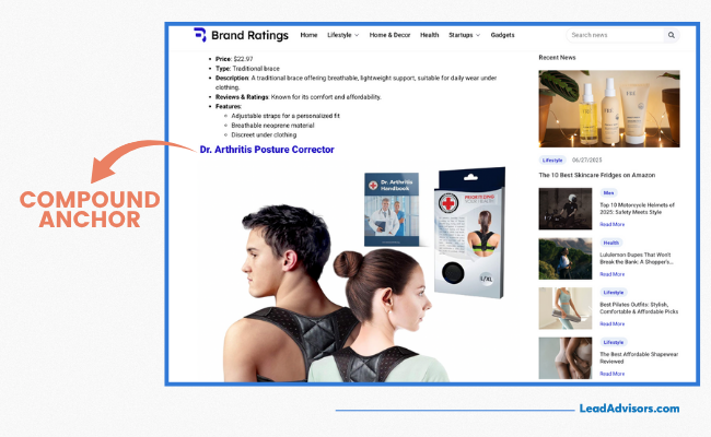 An example from LeadAdvisors’ Brand Ratings page showing a compound anchor text “Dr. Arthritis Posture Corrector” linking to a product review, with accompanying images and product details.
