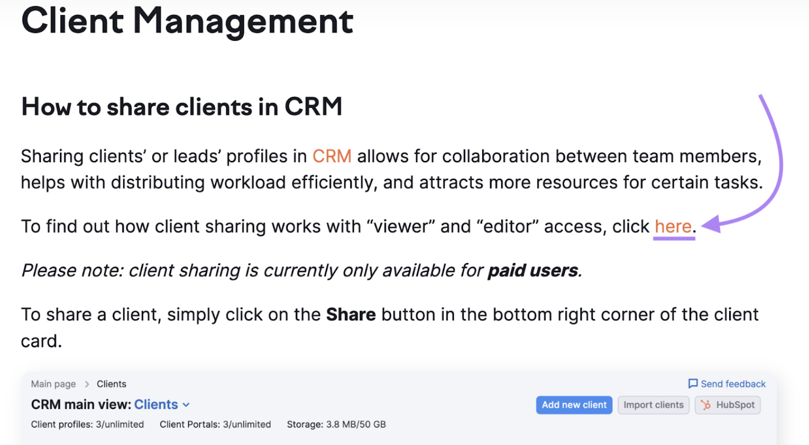 A CRM client management help page highlighting the use of a generic anchor text “here” to direct users to detailed instructions on sharing client access with team members.