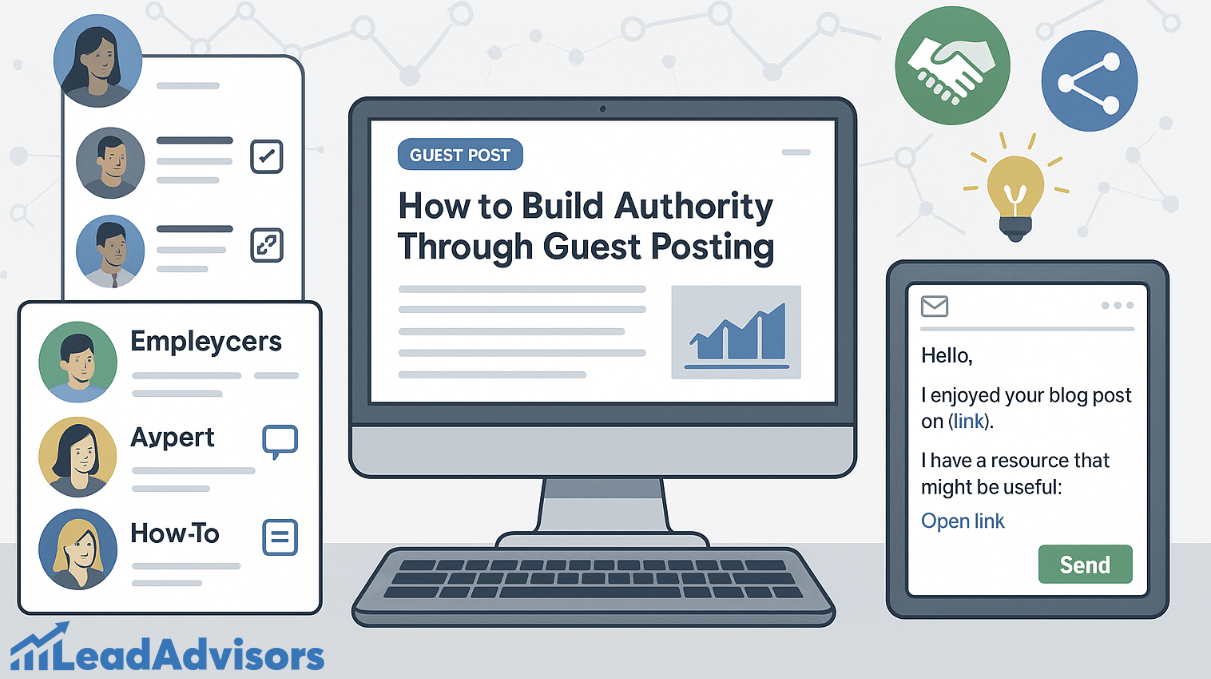 Illustration by LeadAdvisors showing a computer screen with the headline “How to Build Authority Through Guest Posting,” surrounded by user profile graphics, outreach messages, and icons representing collaboration, sharing, and ideas. The visual emphasizes the value of guest posting for SEO and relationship-building.