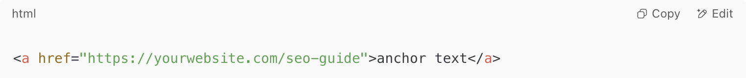 A basic HTML anchor tag example linking to an SEO guide at “yourwebsite.com,” demonstrating how to structure anchor text for web content.