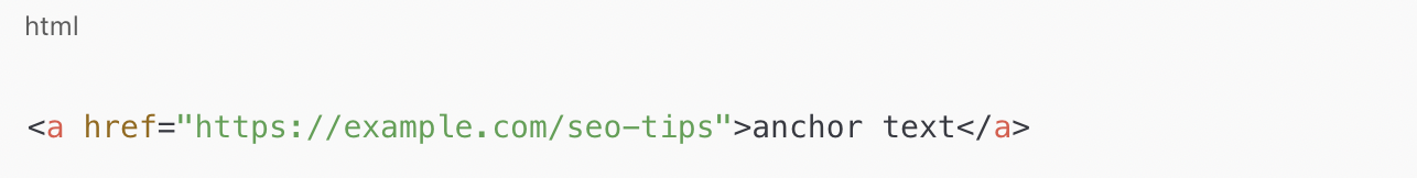 An HTML code snippet showing how to create an anchor text link to an SEO tips page using the <a href> tag.