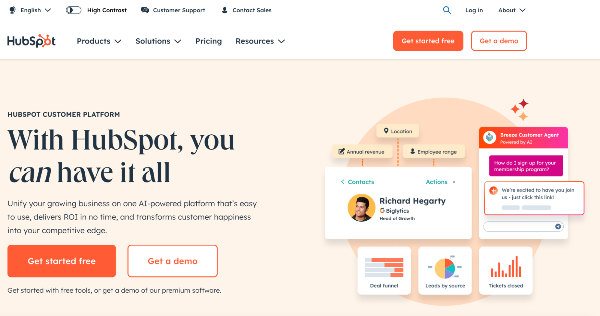 HubSpot homepage screenshot showcasing its AI-powered customer platform with tools for contacts, deal funnels, chatbots, and customer insights, emphasizing ease of use and ROI.