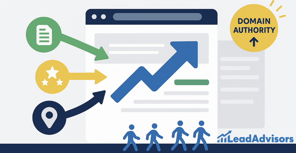 Illustration by LeadAdvisors showing a web browser interface with rising blue arrow graphics and icons representing content, reviews, and local signals pointing to a boost in domain authority. The image highlights how diverse SEO elements contribute to increased website credibility and search engine performance.