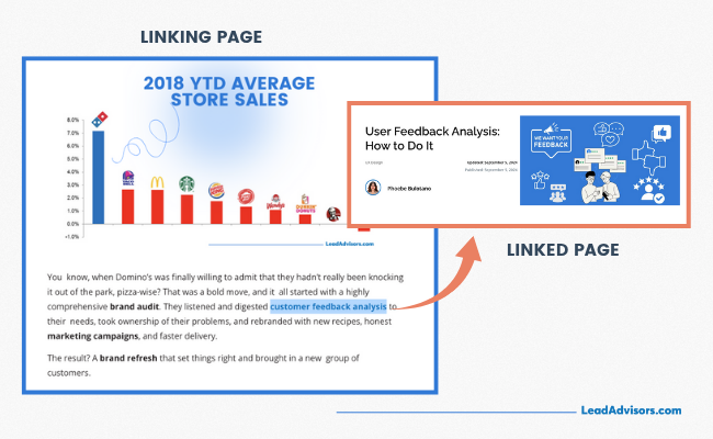 A LeadAdvisors visual showing an internal link from a case study on Domino’s brand audit to a blog post titled “User Feedback Analysis: How to Do It,” using the anchor text “customer feedback analysis.”