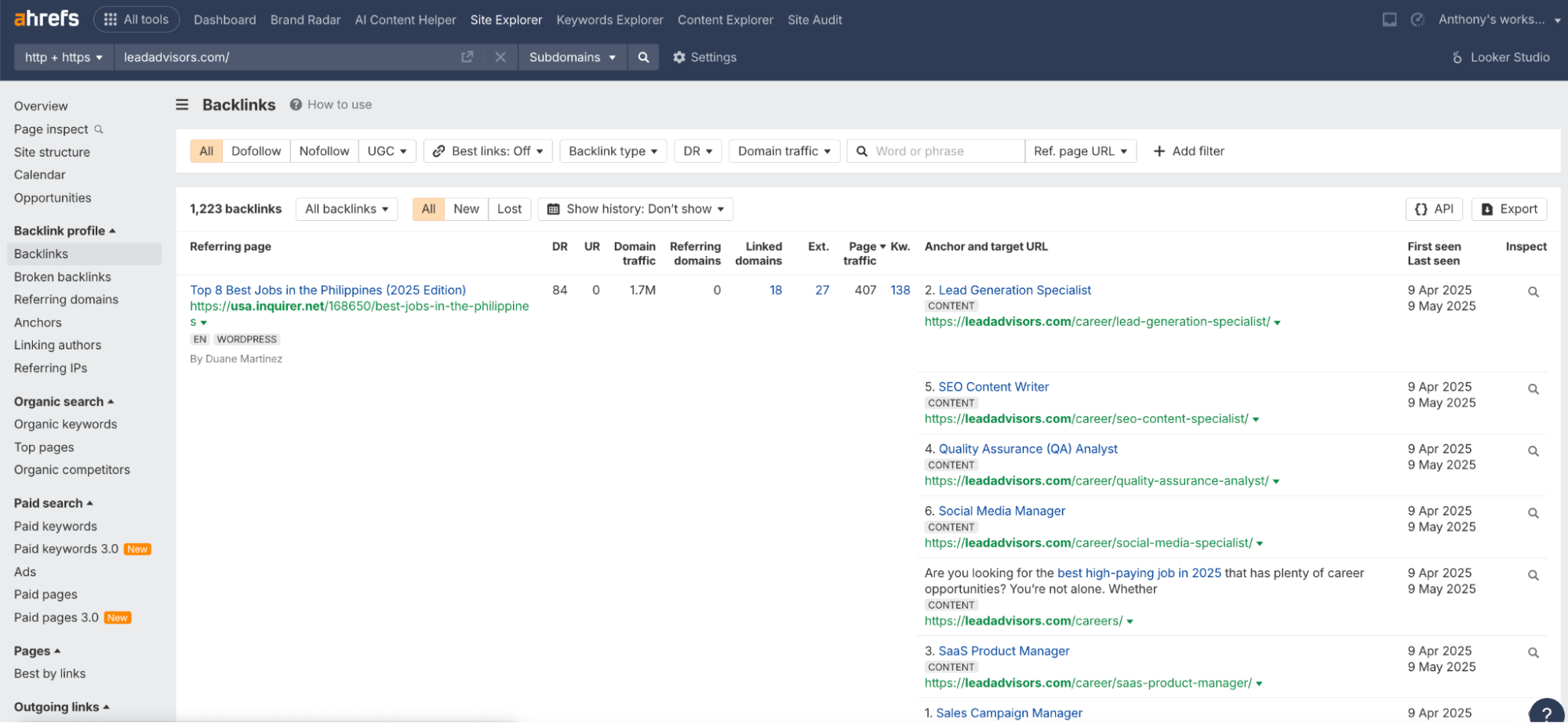 Screenshot from Ahrefs showing backlinks to LeadAdvisors.com from a high-authority page titled “Top 8 Best Jobs in the Philippines (2025 Edition)” on inquirer.net. The referring page has a Domain Rating of 84 and links to multiple career-related URLs on the LeadAdvisors website, including job posts for SEO writers, QA analysts, and product managers.