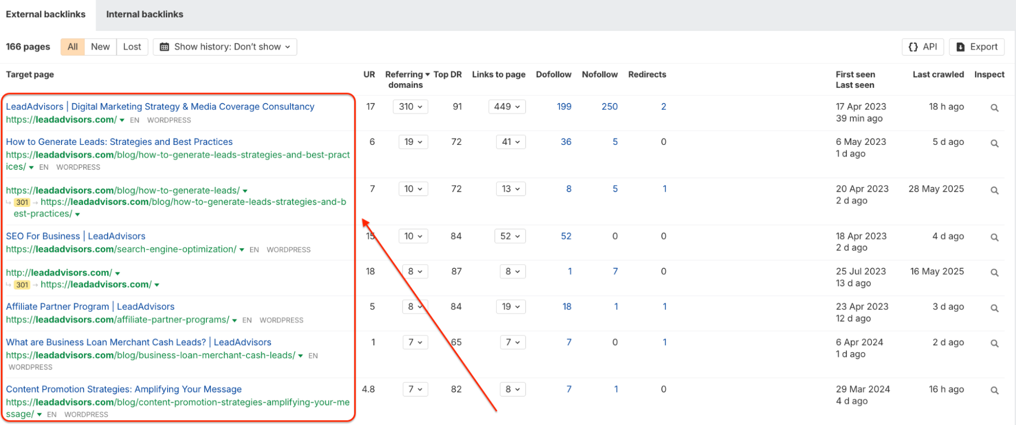A screenshot of LeadAdvisors' external backlinks dashboard showing key SEO metrics like referring domains, dofollow/nofollow counts, and link redirects for multiple URLs including blog posts and service pages.