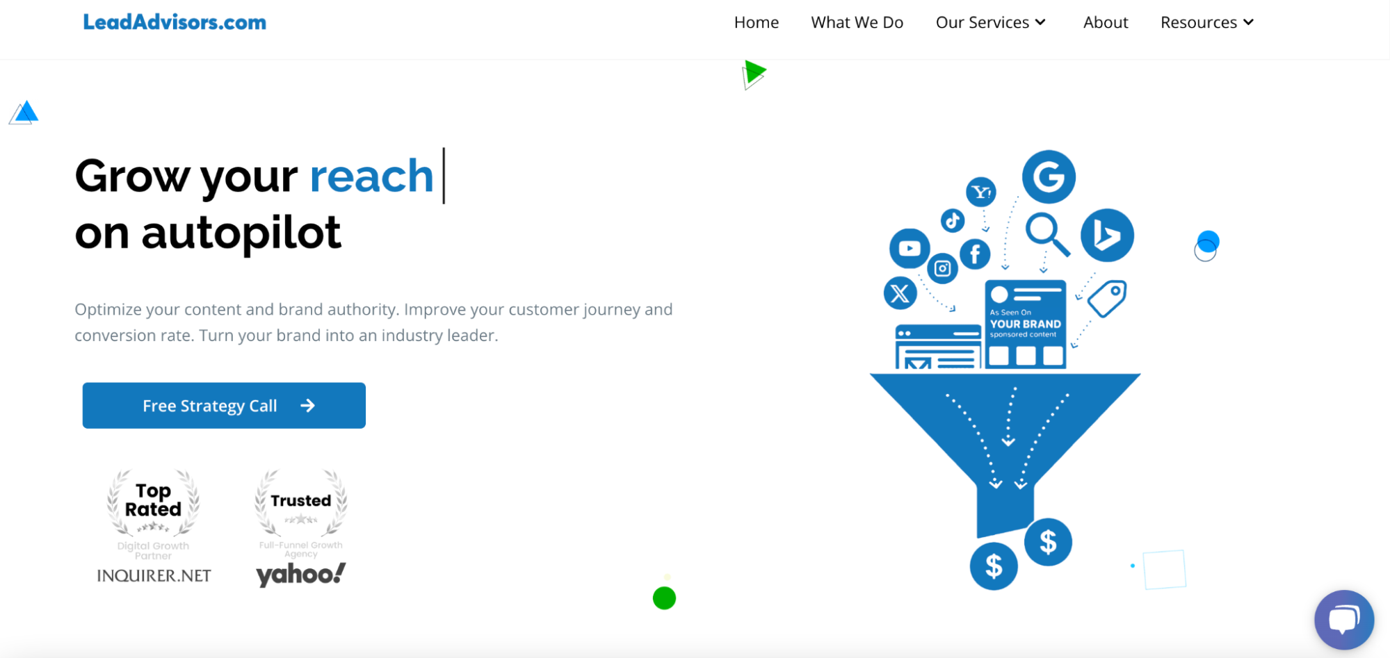 LeadAdvisors homepage section showing a funnel graphic turning content from search engines and social platforms into revenue, with a call to action to grow brand reach on autopilot.