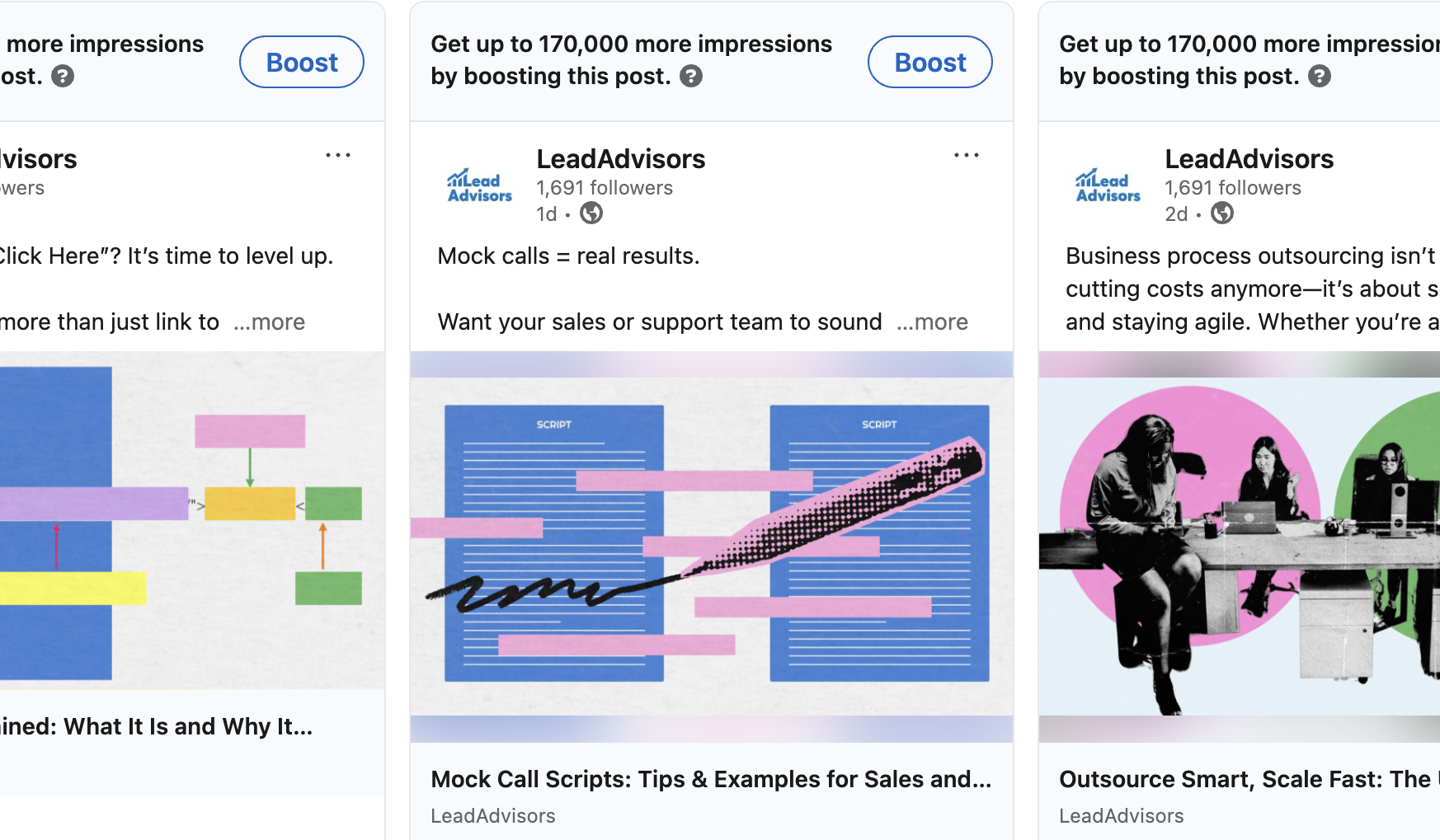 Screenshot of three LinkedIn posts by LeadAdvisors promoting content on effective call-to-actions, mock call scripts for sales teams, and business process outsourcing strategies.