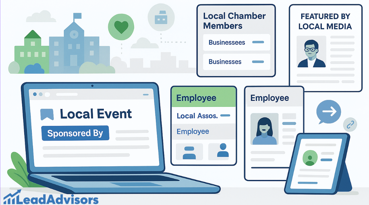 Illustration by LeadAdvisors highlighting local SEO strategies through community involvement, including sponsoring local events, joining chamber memberships, and being featured by local media. The image shows digital representations of employees, business listings, and local directories to emphasize link-building through civic engagement.