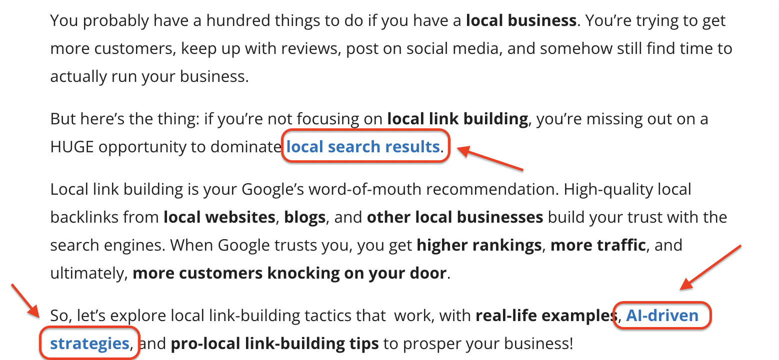 Screenshot of a blog article highlighting key phrases such as “local search results,” “strategies,” and “AI-driven” in blue with red callout arrows. The text emphasizes the importance of local link building for small businesses to gain visibility, traffic, and trust in local search rankings.