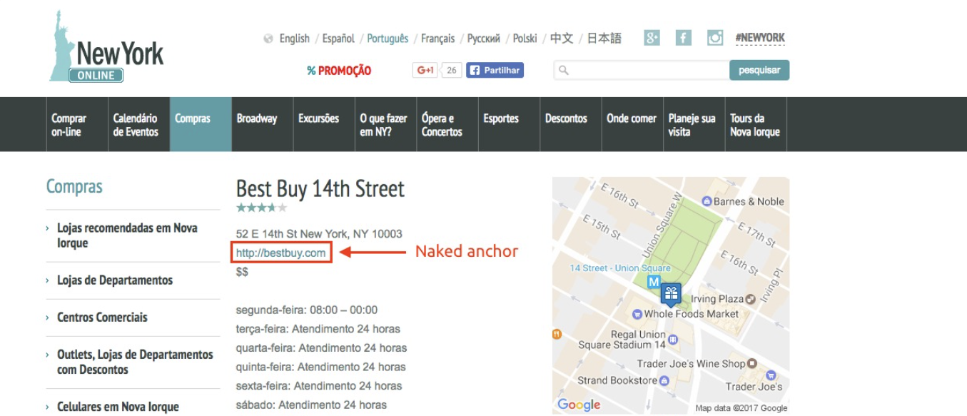 A screenshot from New York Online’s shopping section showing a naked anchor link to “http://bestbuy.com” for the Best Buy 14th Street location, labeled as a direct URL anchor.