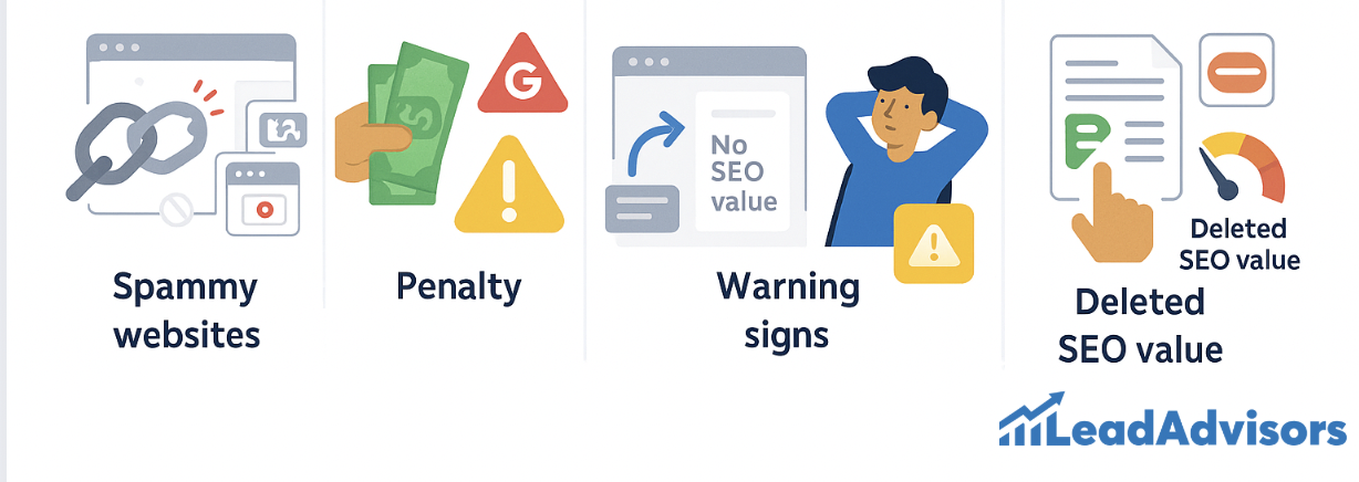 Illustration featuring four SEO red flags: spammy websites, Google penalties, warning signs of low SEO value, and deleted SEO value, with corresponding icons and a concerned character. Created by LeadAdvisors, the visual emphasizes the risks of poor backlink practices and content quality.