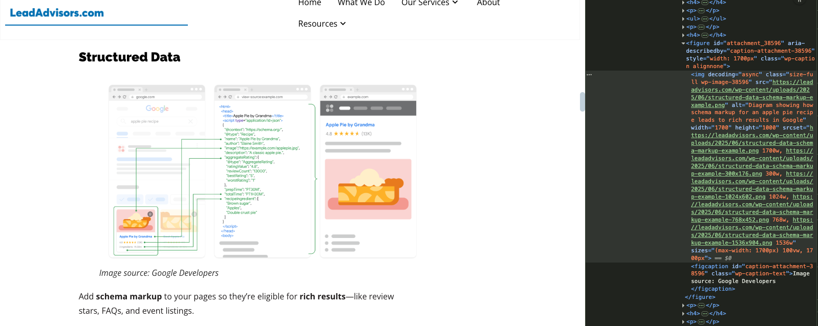 A visual from LeadAdvisors and Google Developers illustrating how structured data schema markup for an apple pie recipe enhances Google search results with rich snippets like ratings and ingredients.