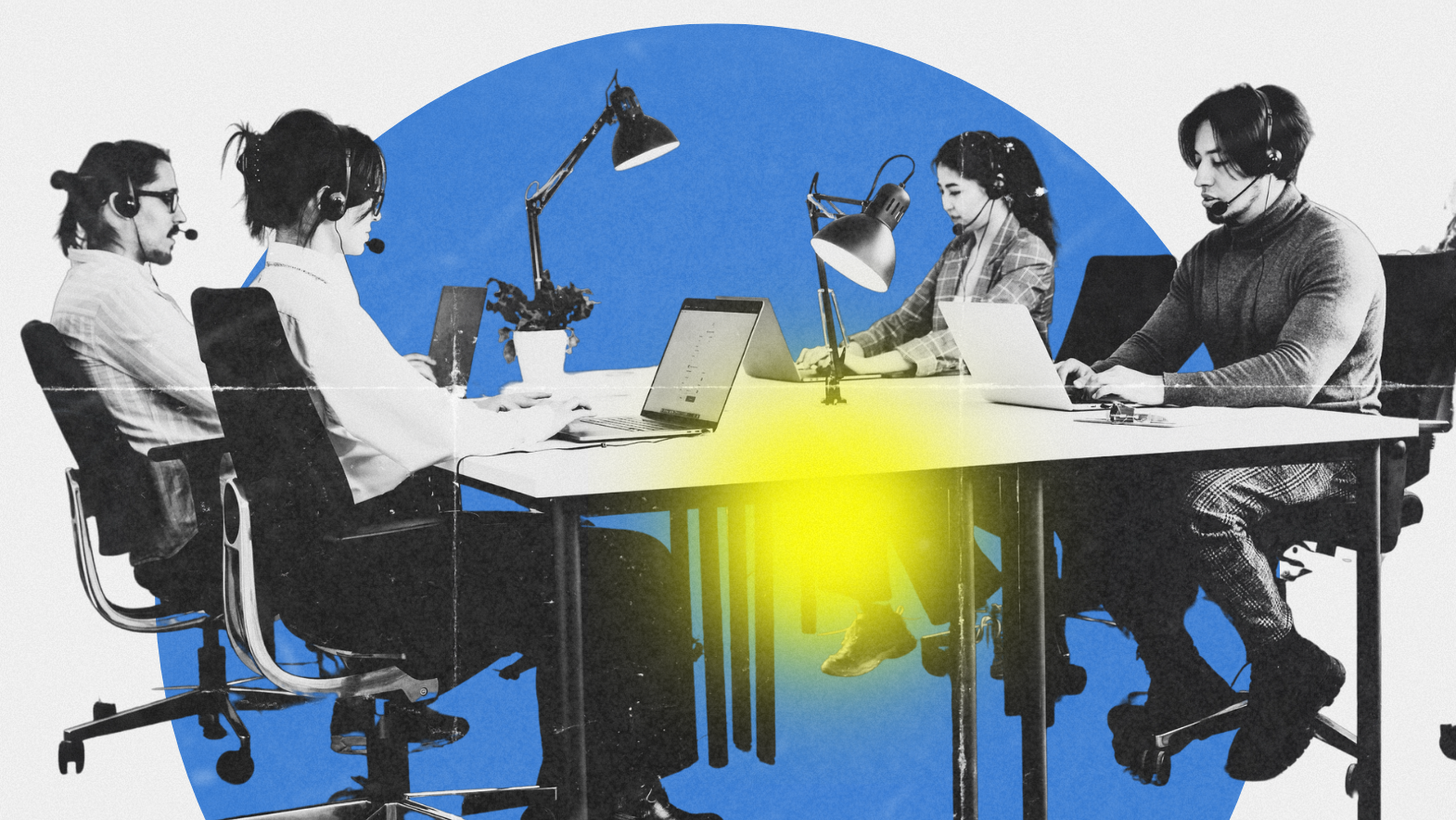 A diverse team of customer service agents wearing headsets collaborates in a modern open office setting, working on laptops under desk lamps. The image features a vibrant blue and yellow overlay, symbolizing connectivity and productivity.