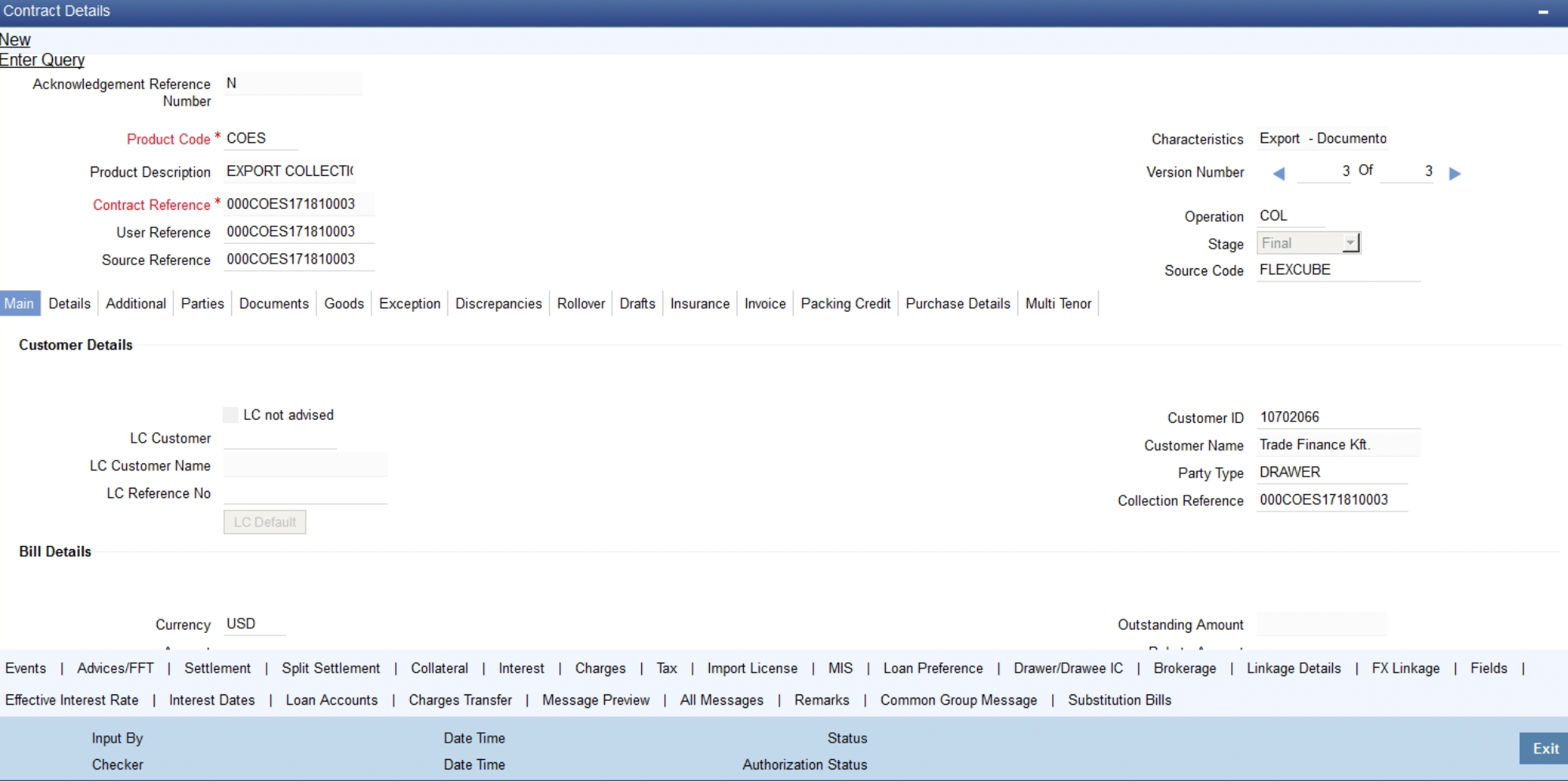 A FLEXCUBE banking interface screen showing export collection contract details, including customer info, product code, references, and financial tabs.