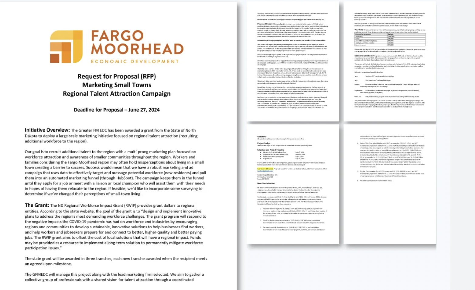 A five-page Request for Proposal document from Fargo Moorhead EDC outlining a marketing campaign to attract regional talent to small towns.