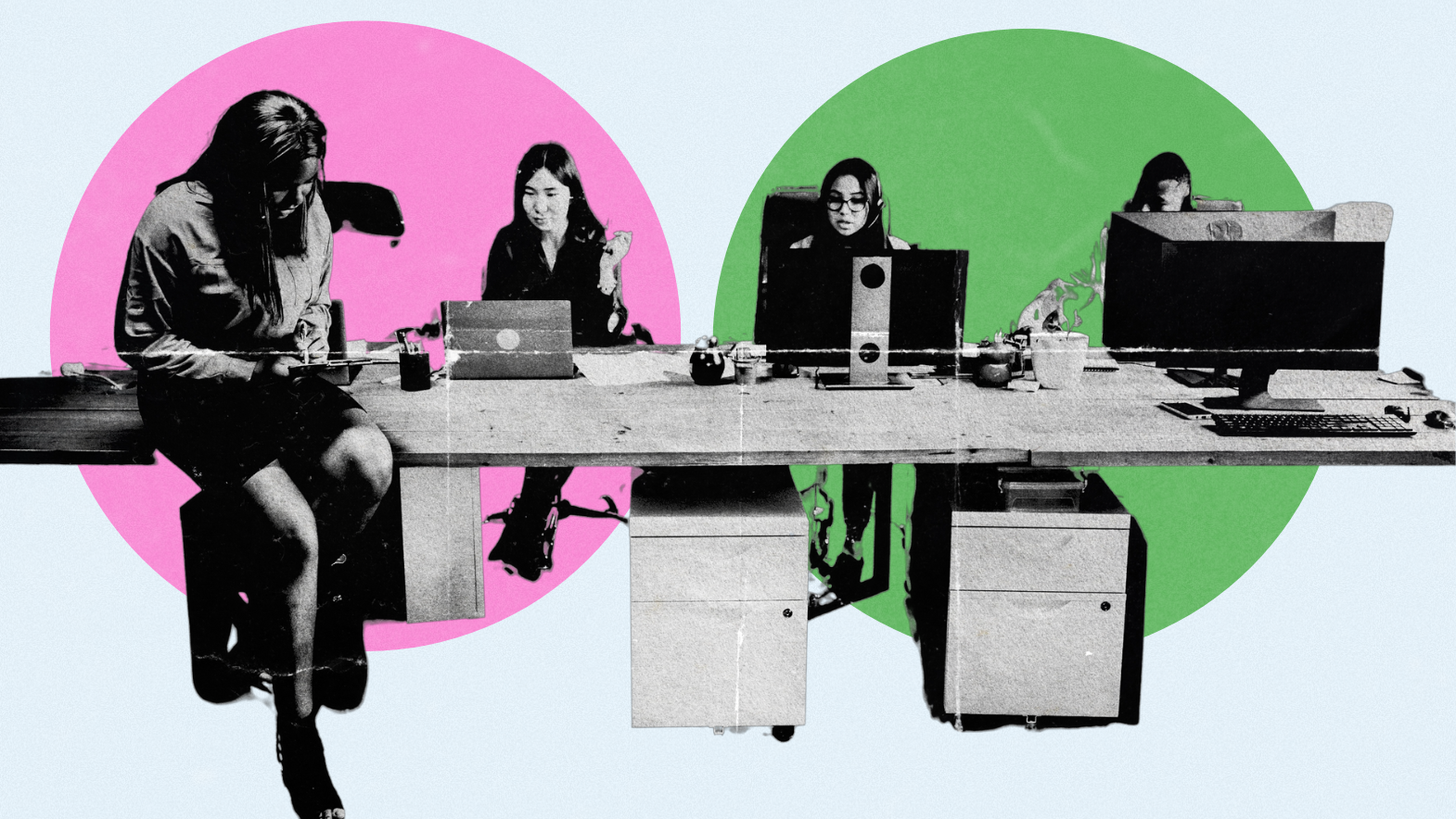 A stylized collage of women working at a shared desk with laptops and monitors, set against bold pink and green circle backdrops.