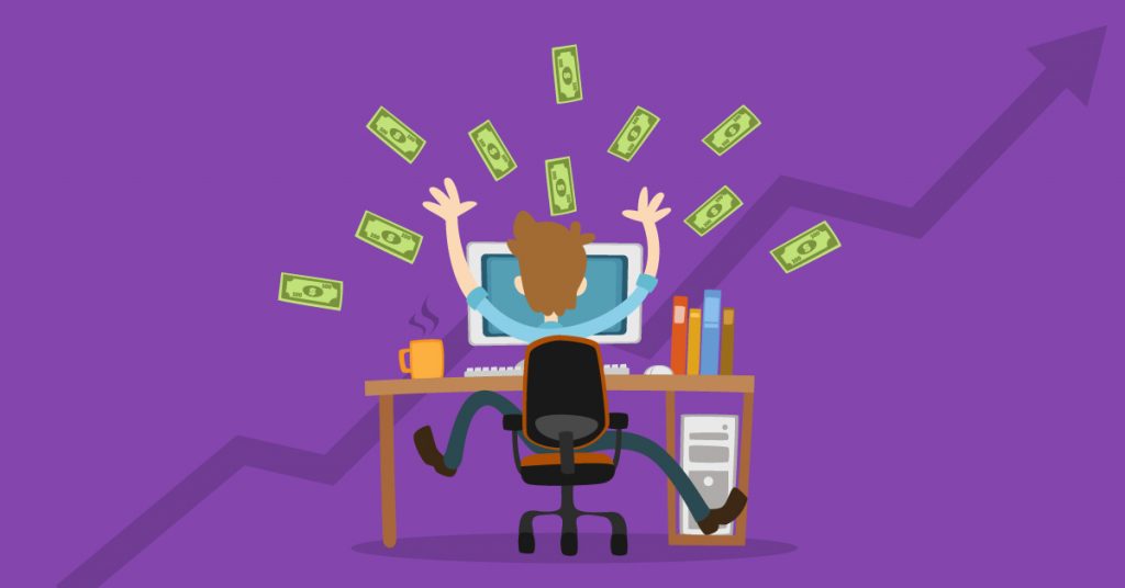 Man in front of computer with money around him illustration