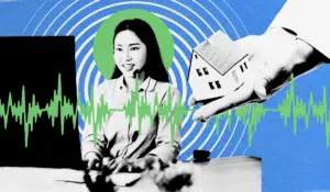 A stylized collage featuring a call center agent with a headset, a hand holding a model house, and a green soundwave graphic against a blue background, representing the mortgage telemarketing process.