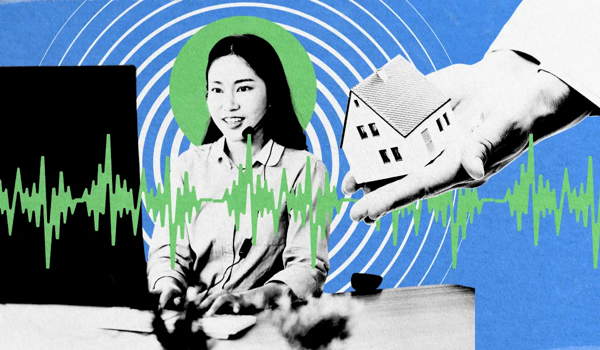 A stylized collage featuring a call center agent with a headset, a hand holding a model house, and a green soundwave graphic against a blue background, representing the mortgage telemarketing process.