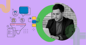 A man working on a laptop beside an illustration of a marketing funnel representing lead generation.