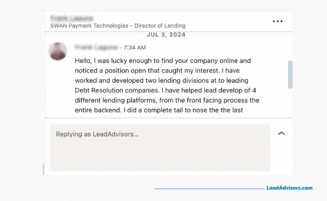 Screenshot of a LinkedIn message from a Director of Lending expressing interest in a LeadAdvisors job opening, detailing experience in debt resolution and lending platforms