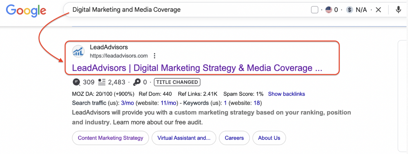 Google search result showing LeadAdvisors listing for digital marketing strategy and media coverage with site links to content marketing, careers, and about us