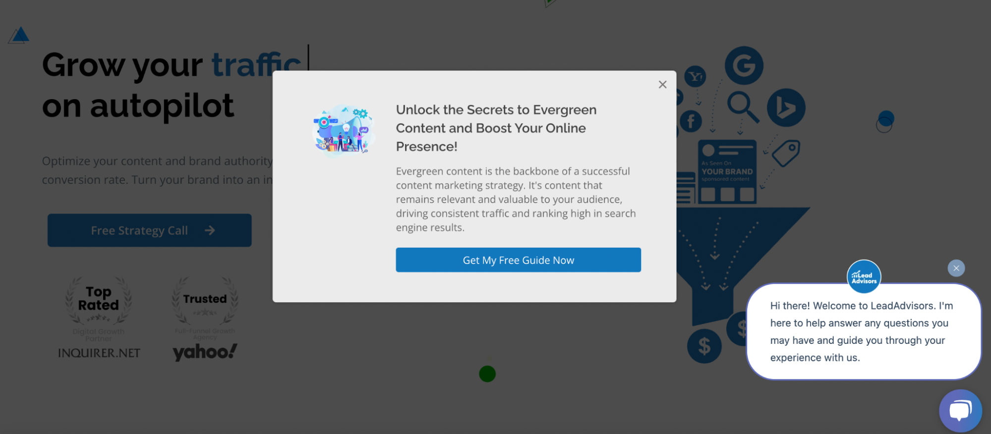 Website popup offering a free guide on evergreen content marketing, highlighting its role in driving consistent traffic and boosting online presence