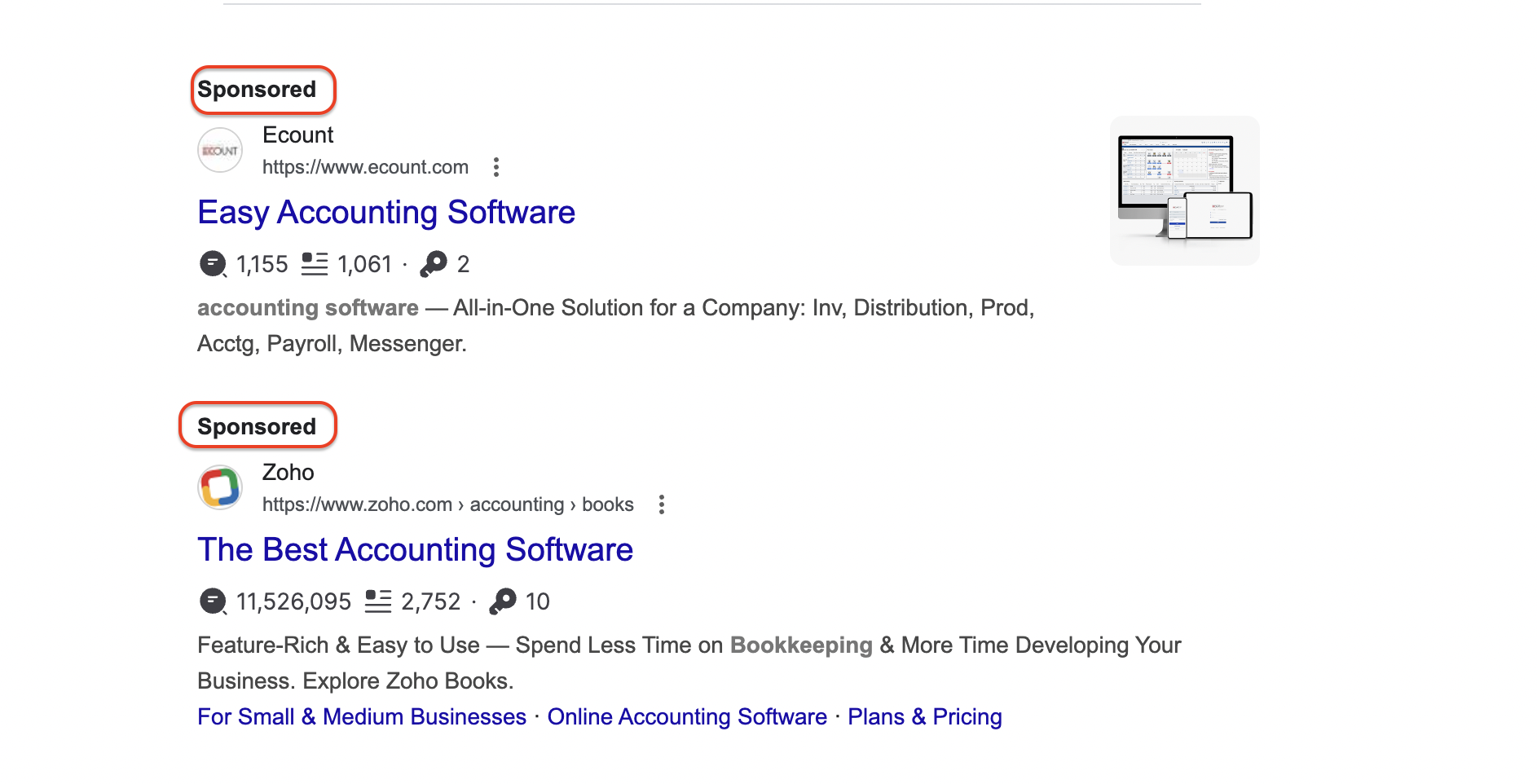 Google search results showing sponsored ads for Ecount easy accounting software and Zoho accounting software with features and links."