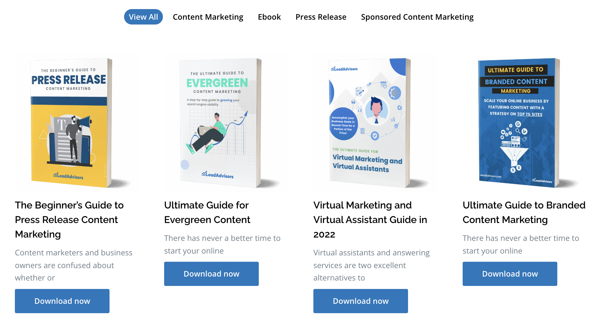 LeadAdvisors ebook collection including guides on press release content marketing, evergreen content, virtual assistants, and branded content marketing.