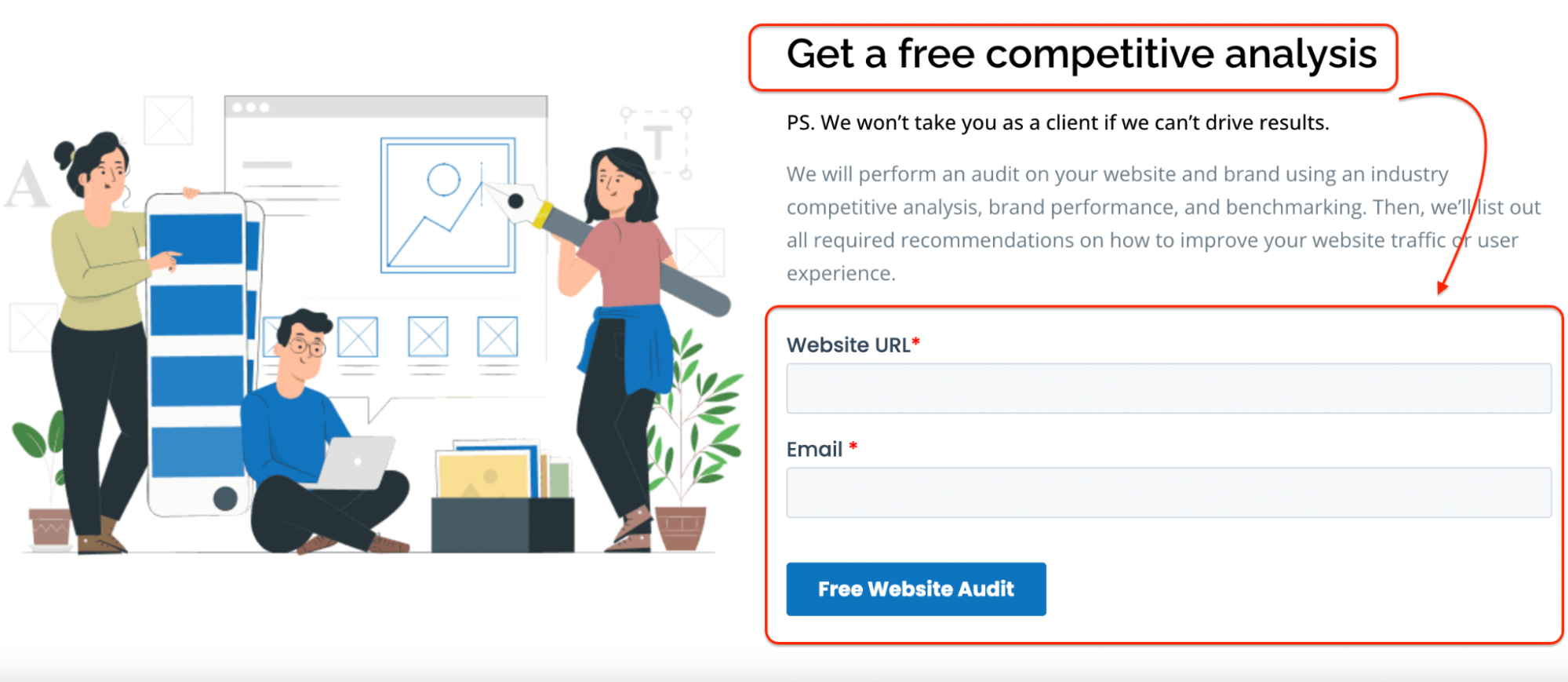 Free website audit form offering competitive analysis and recommendations to improve brand performance, website traffic, and user experience.