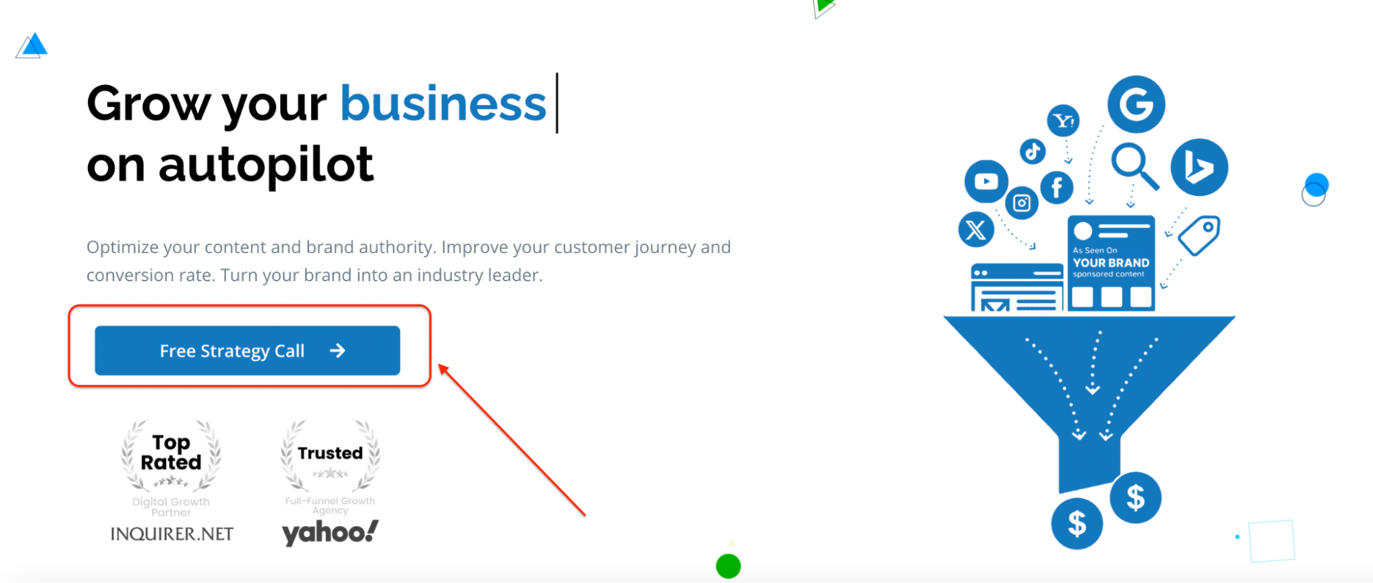 Landing page section with call-to-action button for a free strategy call, highlighting content optimization, brand authority, and conversion growth.